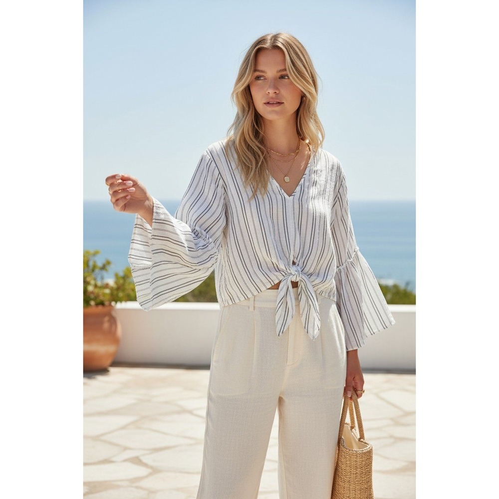 boho striped tie front bell sleeve blouse S Cotton Costal cottage minimalist top